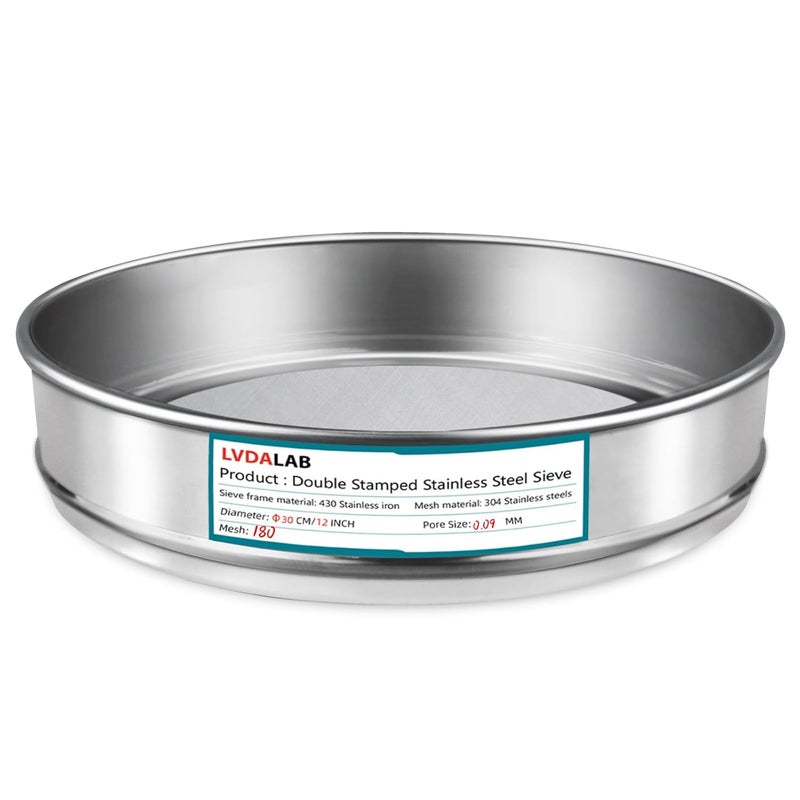 LVDALAB 304 Stainless Steel Lab Sieve Screen Mesh, 180 Mesh (0.09mm) Aperture Test Sieve, 12Inch(30cm) Diameter Economy Standard Analysis Sample Test Sieves for Industrial Laboratory Homes - Image 1